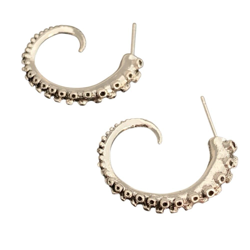 Octopus Squid Kracken Tentacle Hoop Earrings in Antique Silver Tone